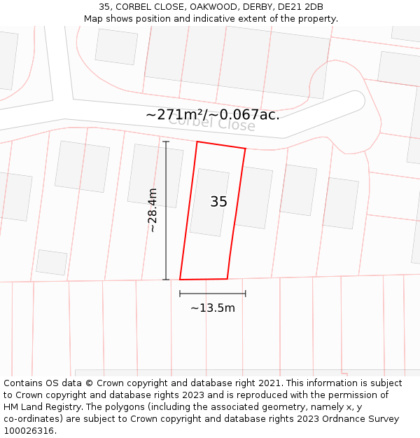 35, CORBEL CLOSE, OAKWOOD, DERBY, DE21 2DB: Plot and title map