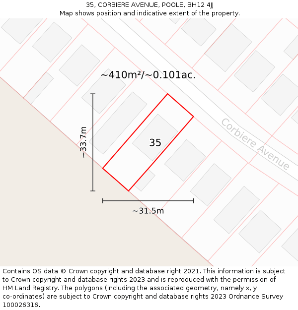 35, CORBIERE AVENUE, POOLE, BH12 4JJ: Plot and title map