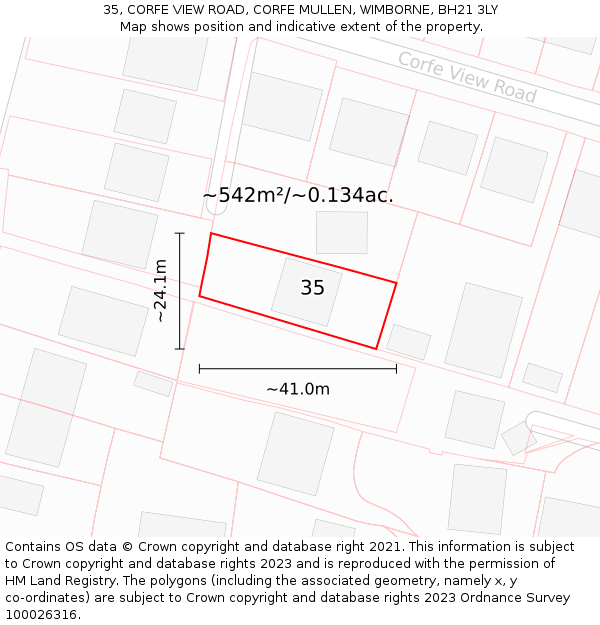 35, CORFE VIEW ROAD, CORFE MULLEN, WIMBORNE, BH21 3LY: Plot and title map