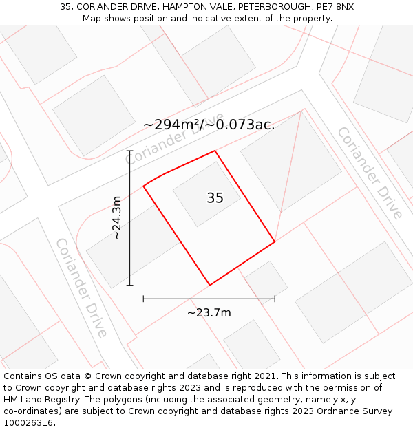 35, CORIANDER DRIVE, HAMPTON VALE, PETERBOROUGH, PE7 8NX: Plot and title map