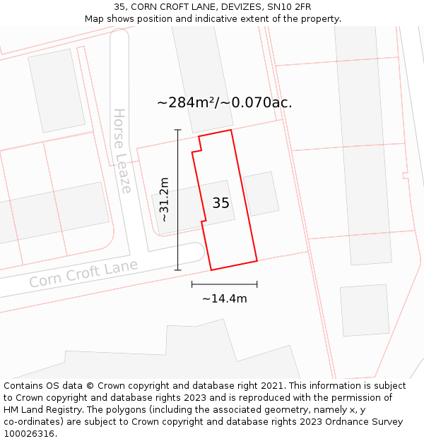 35, CORN CROFT LANE, DEVIZES, SN10 2FR: Plot and title map
