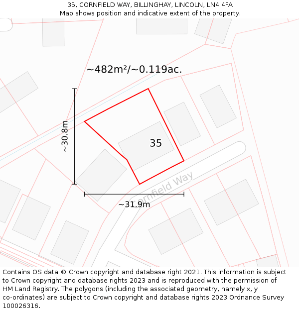 35, CORNFIELD WAY, BILLINGHAY, LINCOLN, LN4 4FA: Plot and title map