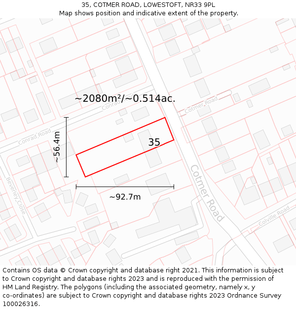 35, COTMER ROAD, LOWESTOFT, NR33 9PL: Plot and title map