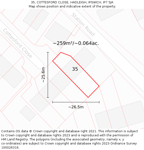 35, COTTESFORD CLOSE, HADLEIGH, IPSWICH, IP7 5JA: Plot and title map