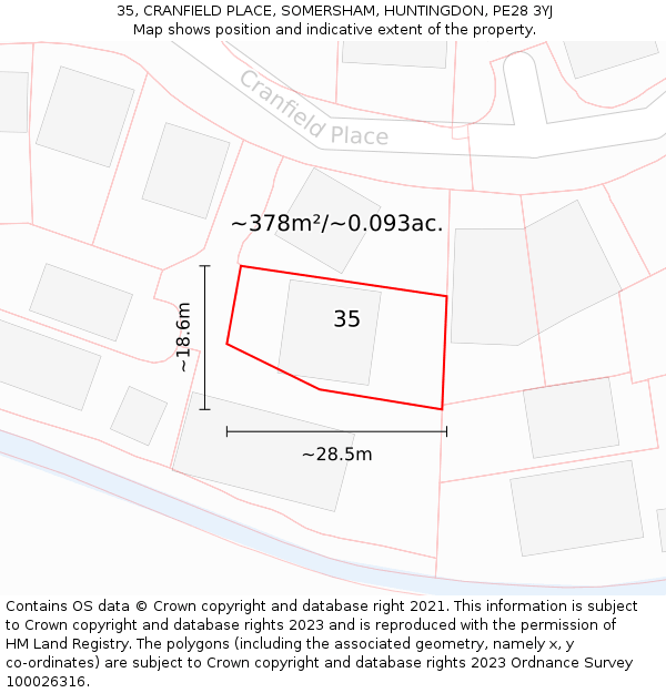 35, CRANFIELD PLACE, SOMERSHAM, HUNTINGDON, PE28 3YJ: Plot and title map