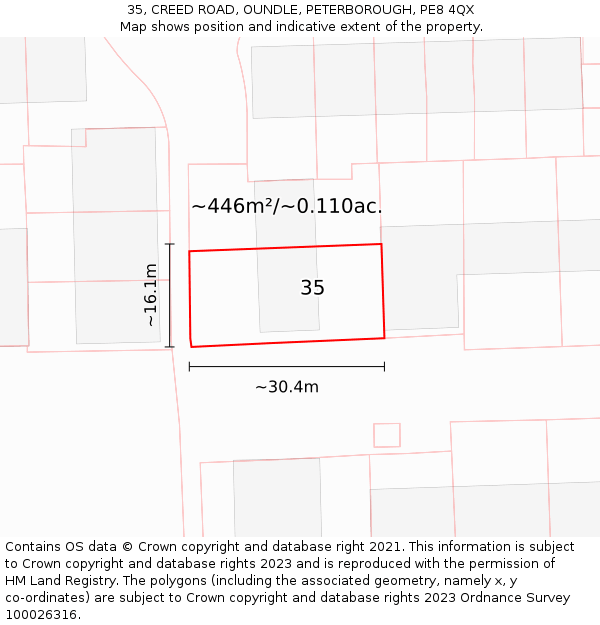 35, CREED ROAD, OUNDLE, PETERBOROUGH, PE8 4QX: Plot and title map
