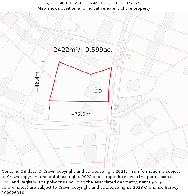 35, CRESKELD LANE, BRAMHOPE, LEEDS, LS16 9EP: Plot and title map
