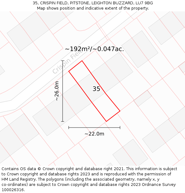 35, CRISPIN FIELD, PITSTONE, LEIGHTON BUZZARD, LU7 9BG: Plot and title map