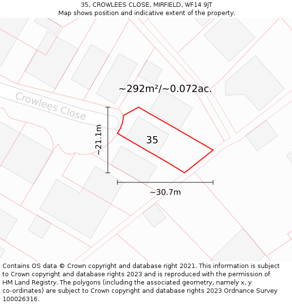 35, CROWLEES CLOSE, MIRFIELD, WF14 9JT: Plot and title map