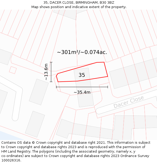 35, DACER CLOSE, BIRMINGHAM, B30 3BZ: Plot and title map