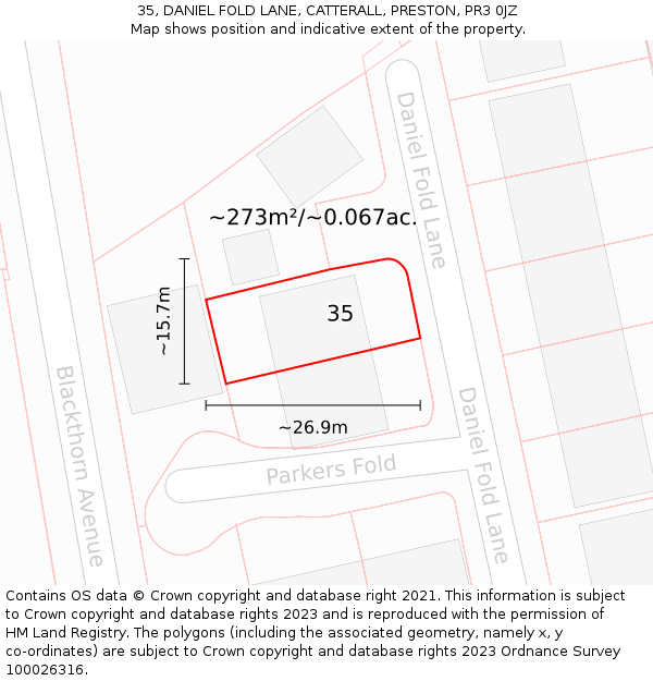 35, DANIEL FOLD LANE, CATTERALL, PRESTON, PR3 0JZ: Plot and title map