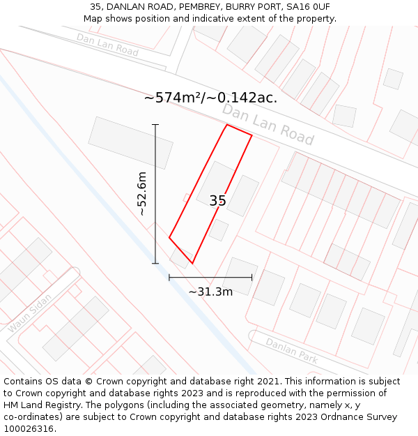 35, DANLAN ROAD, PEMBREY, BURRY PORT, SA16 0UF: Plot and title map