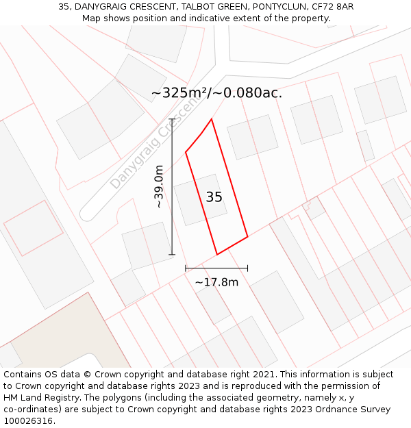 35, DANYGRAIG CRESCENT, TALBOT GREEN, PONTYCLUN, CF72 8AR: Plot and title map
