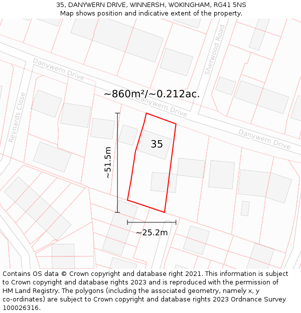 35, DANYWERN DRIVE, WINNERSH, WOKINGHAM, RG41 5NS: Plot and title map