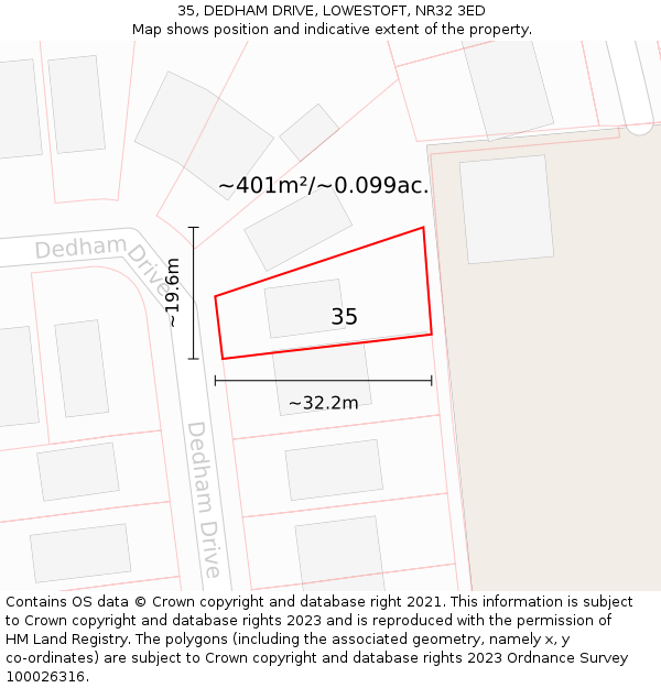 35, DEDHAM DRIVE, LOWESTOFT, NR32 3ED: Plot and title map