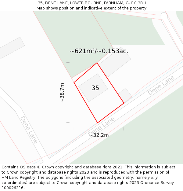 35, DENE LANE, LOWER BOURNE, FARNHAM, GU10 3RH: Plot and title map