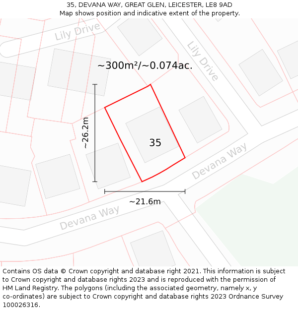 35, DEVANA WAY, GREAT GLEN, LEICESTER, LE8 9AD: Plot and title map