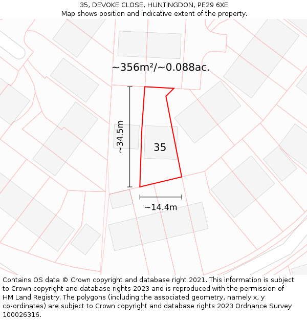 35, DEVOKE CLOSE, HUNTINGDON, PE29 6XE: Plot and title map
