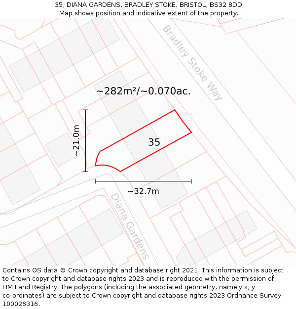 35, DIANA GARDENS, BRADLEY STOKE, BRISTOL, BS32 8DD: Plot and title map