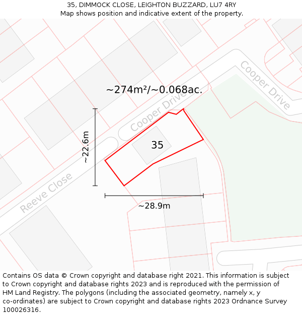 35, DIMMOCK CLOSE, LEIGHTON BUZZARD, LU7 4RY: Plot and title map