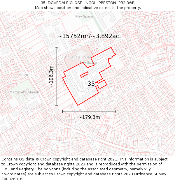 35, DOVEDALE CLOSE, INGOL, PRESTON, PR2 3WR: Plot and title map