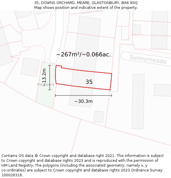 35, DOWNS ORCHARD, MEARE, GLASTONBURY, BA6 9SQ: Plot and title map