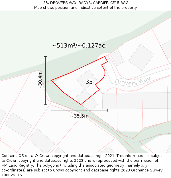 35, DROVERS WAY, RADYR, CARDIFF, CF15 8GG: Plot and title map