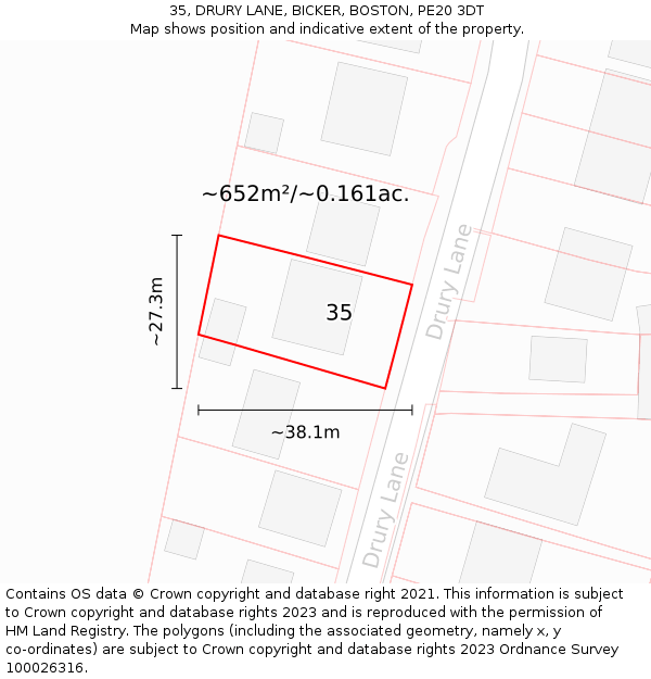 35, DRURY LANE, BICKER, BOSTON, PE20 3DT: Plot and title map