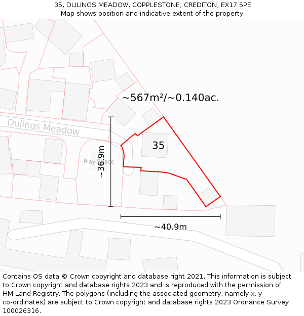 35, DULINGS MEADOW, COPPLESTONE, CREDITON, EX17 5PE: Plot and title map