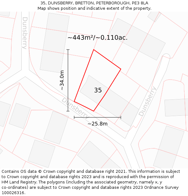 35, DUNSBERRY, BRETTON, PETERBOROUGH, PE3 8LA: Plot and title map