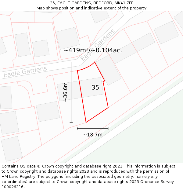 35, EAGLE GARDENS, BEDFORD, MK41 7FE: Plot and title map