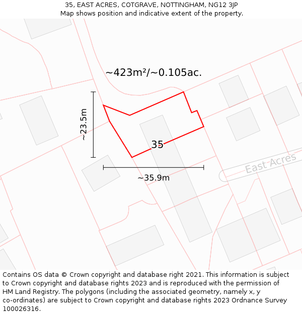 35, EAST ACRES, COTGRAVE, NOTTINGHAM, NG12 3JP: Plot and title map