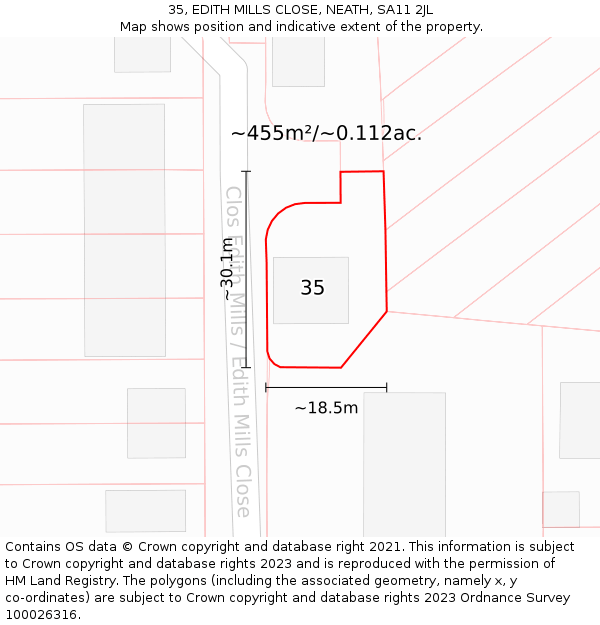 35, EDITH MILLS CLOSE, NEATH, SA11 2JL: Plot and title map