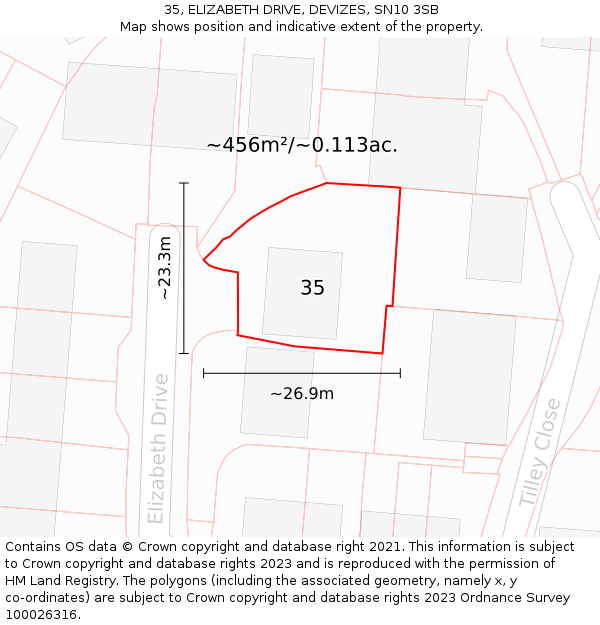 35, ELIZABETH DRIVE, DEVIZES, SN10 3SB: Plot and title map