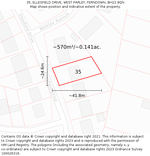 35, ELLESFIELD DRIVE, WEST PARLEY, FERNDOWN, BH22 8QN: Plot and title map