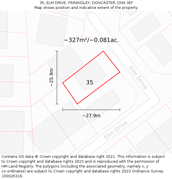 35, ELM DRIVE, FINNINGLEY, DONCASTER, DN9 3EF: Plot and title map
