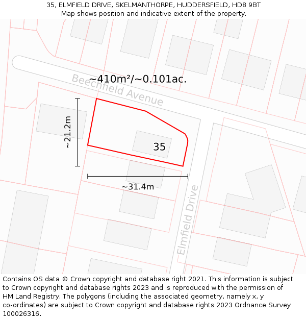 35, ELMFIELD DRIVE, SKELMANTHORPE, HUDDERSFIELD, HD8 9BT: Plot and title map