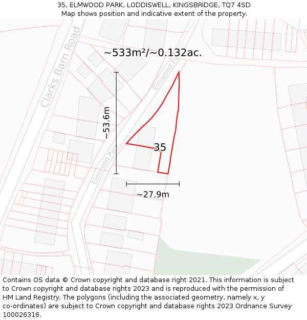 35, ELMWOOD PARK, LODDISWELL, KINGSBRIDGE, TQ7 4SD: Plot and title map