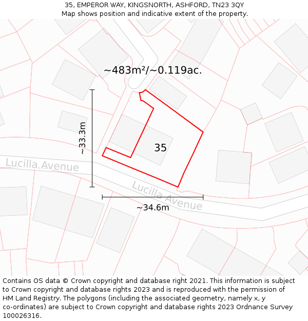 35, EMPEROR WAY, KINGSNORTH, ASHFORD, TN23 3QY: Plot and title map