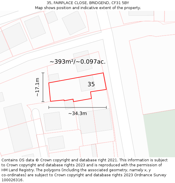 35, FAIRPLACE CLOSE, BRIDGEND, CF31 5BY: Plot and title map
