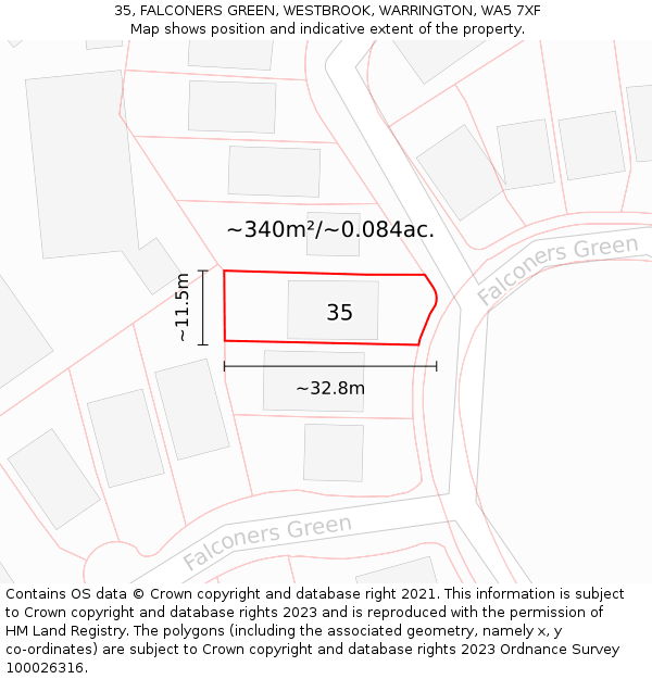 35, FALCONERS GREEN, WESTBROOK, WARRINGTON, WA5 7XF: Plot and title map
