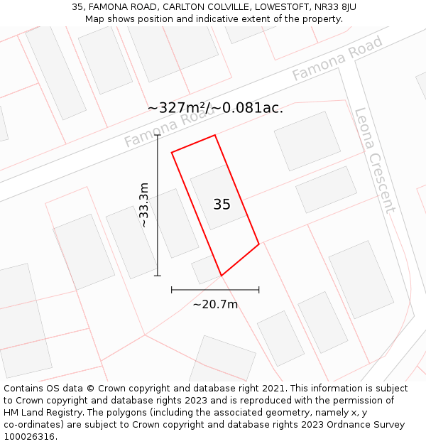 35, FAMONA ROAD, CARLTON COLVILLE, LOWESTOFT, NR33 8JU: Plot and title map