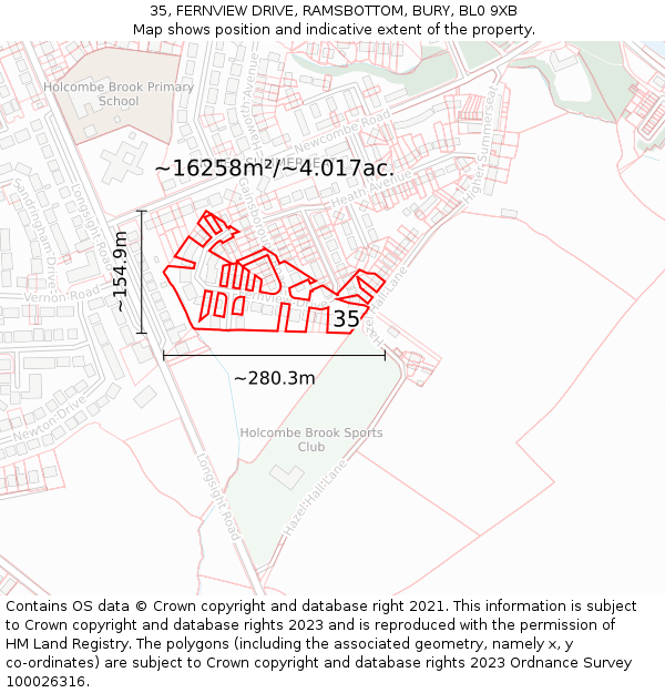 35, FERNVIEW DRIVE, RAMSBOTTOM, BURY, BL0 9XB: Plot and title map