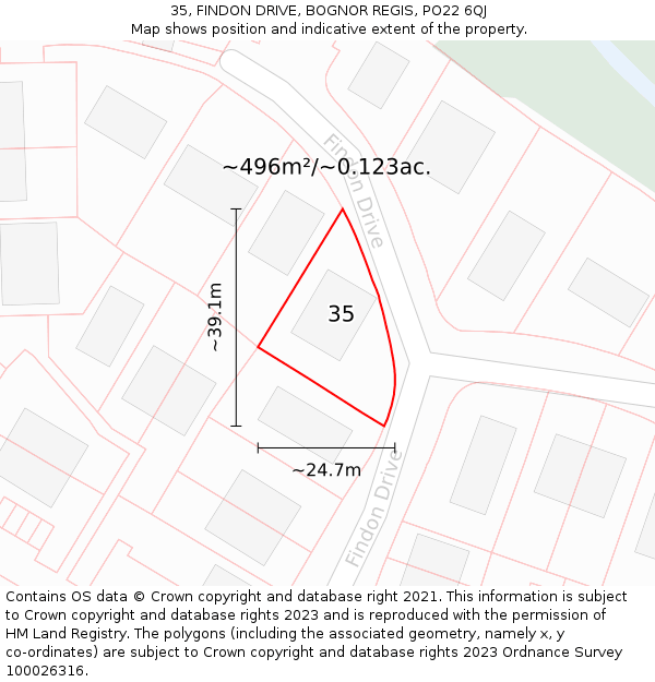 35, FINDON DRIVE, BOGNOR REGIS, PO22 6QJ: Plot and title map