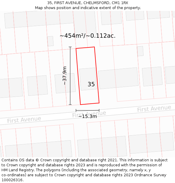 35, FIRST AVENUE, CHELMSFORD, CM1 1RX: Plot and title map