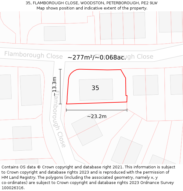 35, FLAMBOROUGH CLOSE, WOODSTON, PETERBOROUGH, PE2 9LW: Plot and title map