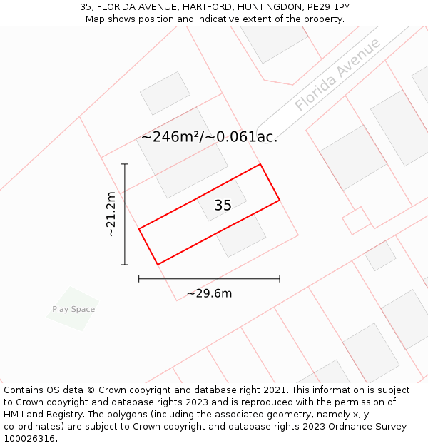 35, FLORIDA AVENUE, HARTFORD, HUNTINGDON, PE29 1PY: Plot and title map