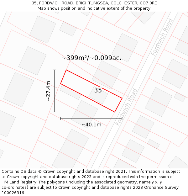35, FORDWICH ROAD, BRIGHTLINGSEA, COLCHESTER, CO7 0RE: Plot and title map