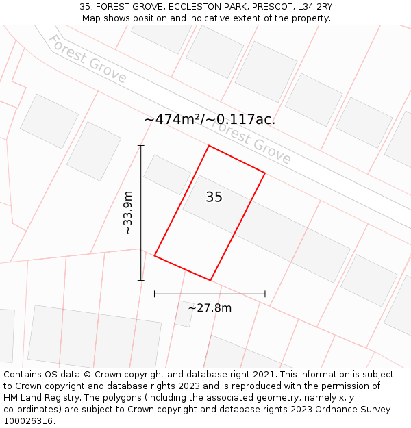 35, FOREST GROVE, ECCLESTON PARK, PRESCOT, L34 2RY: Plot and title map