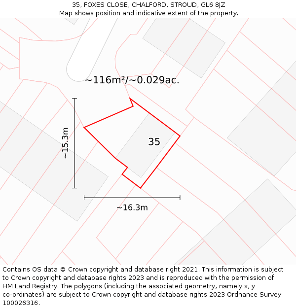 35, FOXES CLOSE, CHALFORD, STROUD, GL6 8JZ: Plot and title map